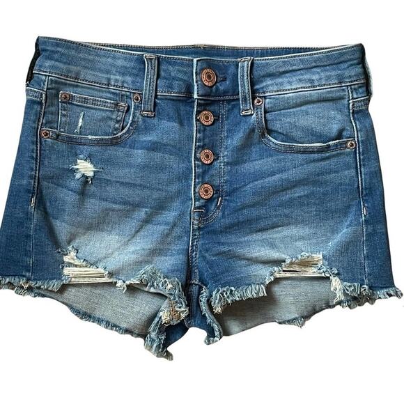 American Eagle Hi Rise Shortie Button Fly Stretch Distressed Jean Shorts‎ Size 2 - Picture 2 of 7